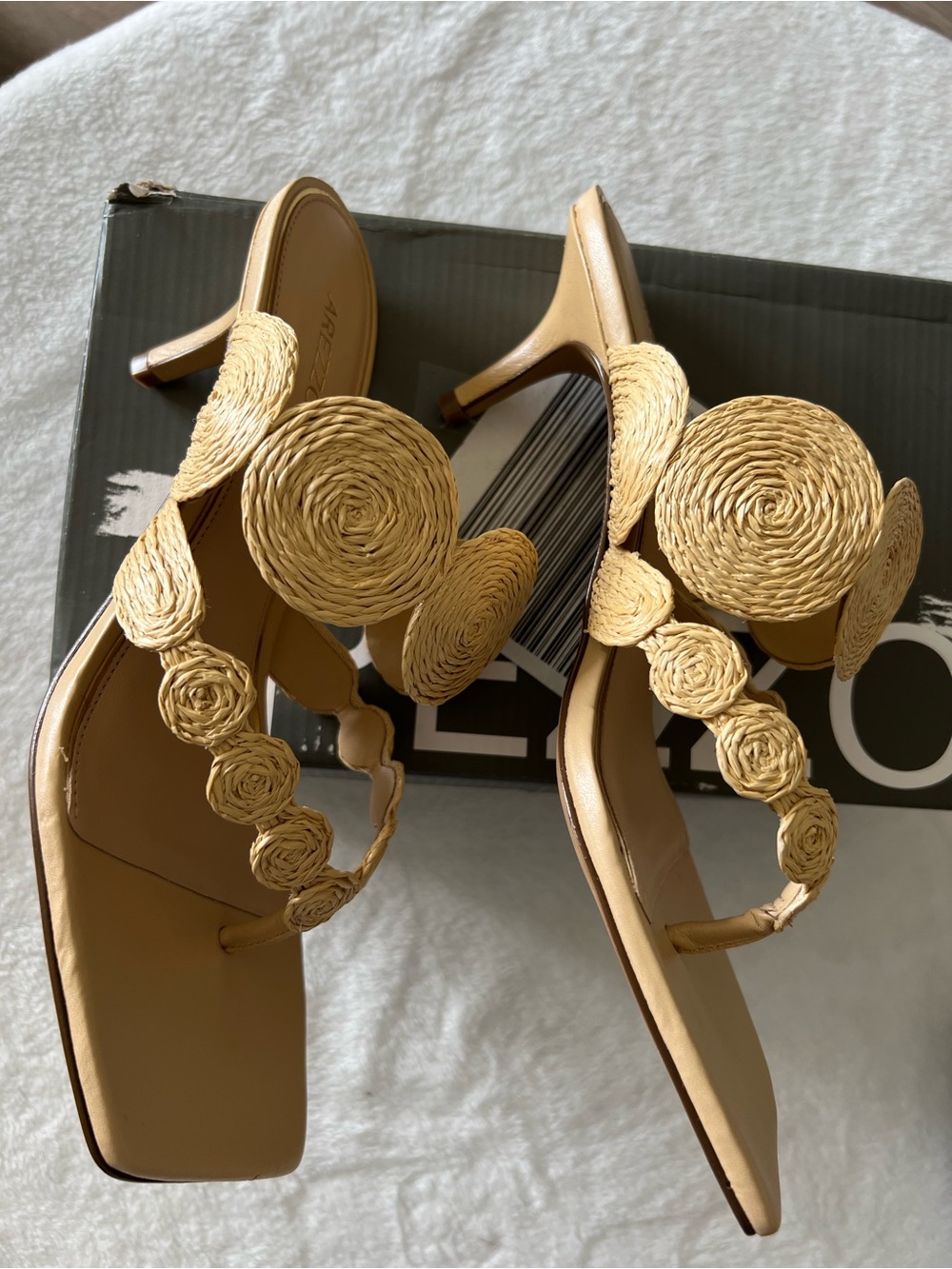 Arezzo Tan Woven Rosette Slide Sandals with Square Toe